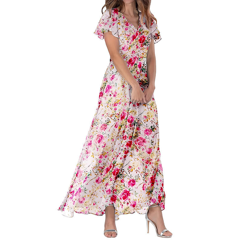 Women's Short Sleeve Printed Chiffon Dress