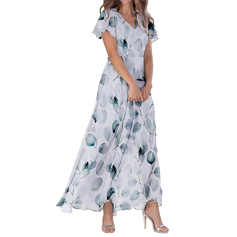 Women's Short Sleeve Printed Chiffon Dress