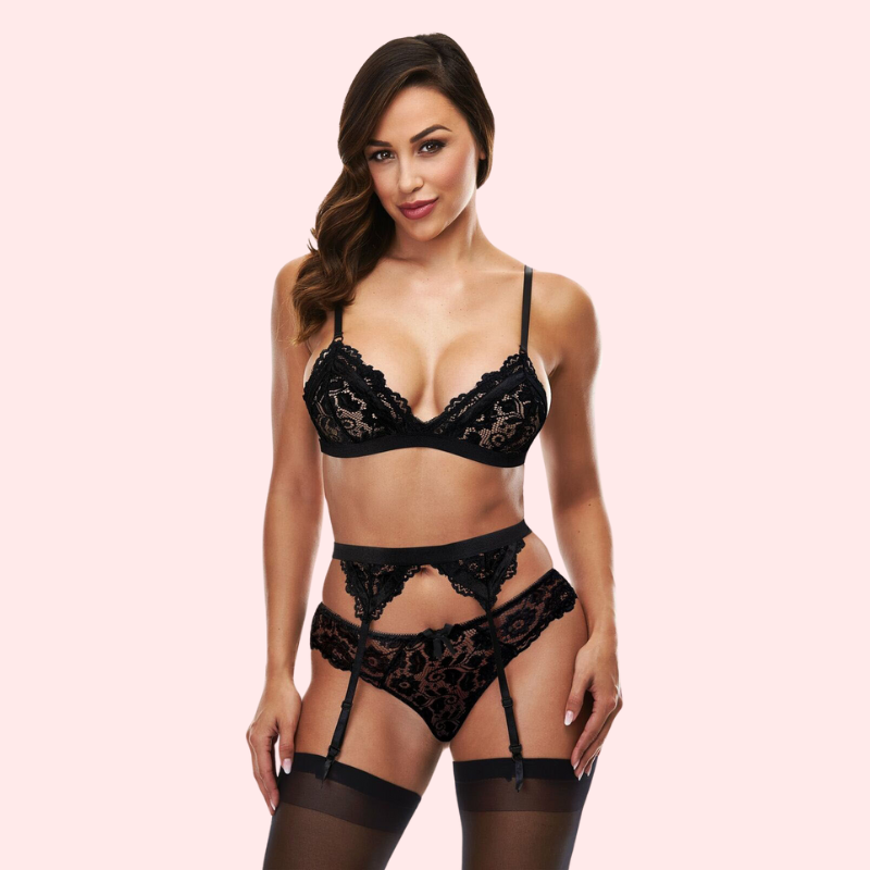 Exotic black lace bra set with garter belt