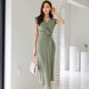 Green Folds Design Irregular Skirt Midi Dress