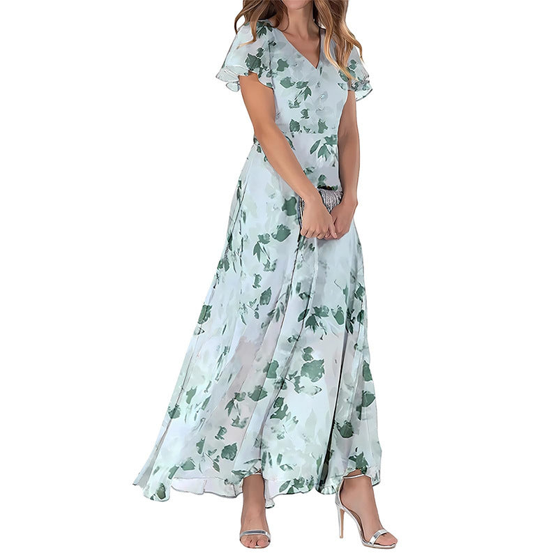 Women's Short Sleeve Printed Chiffon Dress