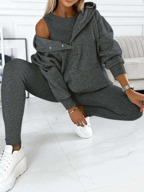 Athleisure Hoodie With Thick Thread Slim-fit Vest Pants Three Pieces Set