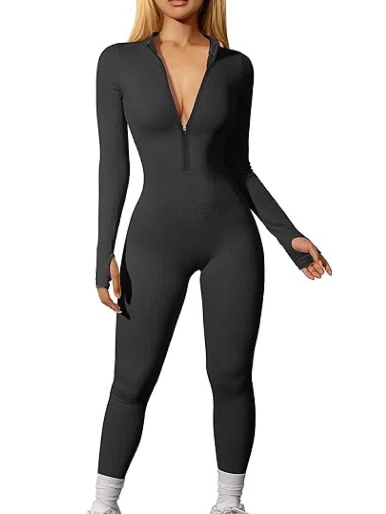 Workout Ribbed Long Sleeve Zipper Casual Jumpsuit