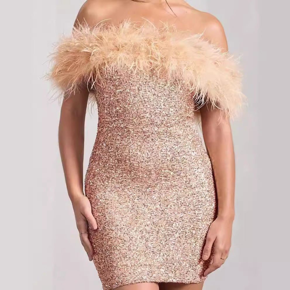 Feather Sequins Tube Top Package Hip Dress