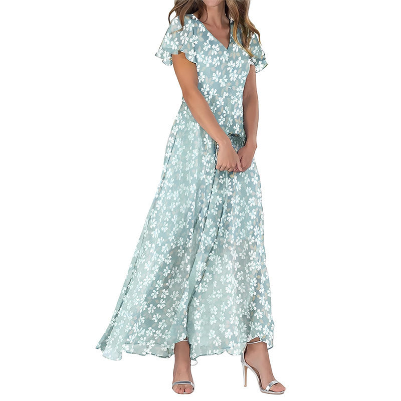 Women's Short Sleeve Printed Chiffon Dress