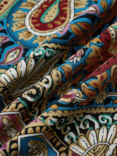 Women Print Maxi Dress High Waisted Cross Halter Neck With Tie Detail,Flowing Vacation Gown In Teal, Blue-Green & Brown Paisley Pattern, Machine Washable, Summer Fashion Decorative Tie Detail