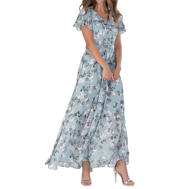 Women's Short Sleeve Printed Chiffon Dress