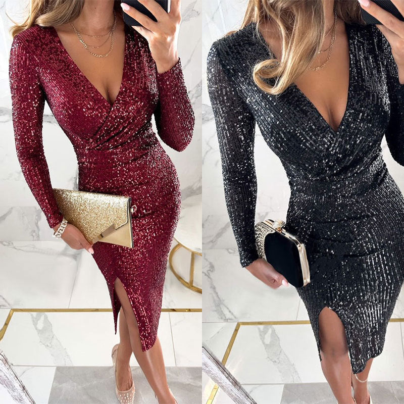 Women's Split V-neck Hip Long Sleeve Sequined Solid Color Dress