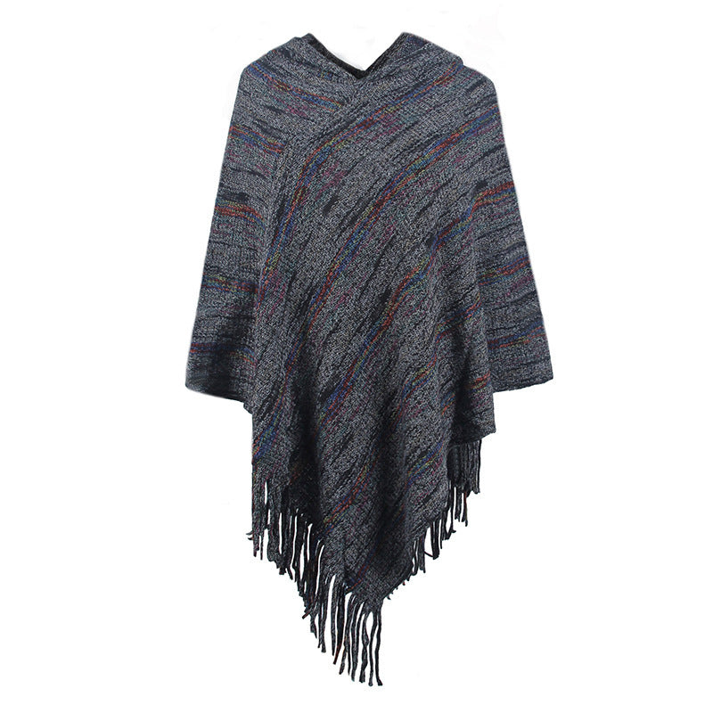 Hooded Striped Tassel Cape And Shawl Women