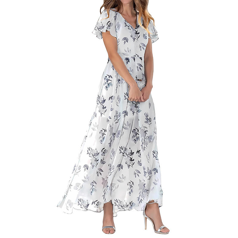 Women's Short Sleeve Printed Chiffon Dress