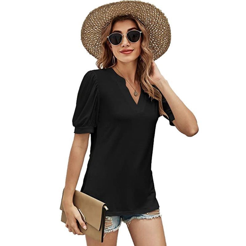 Casual V-neck Solid Color Puff Sleeve Loose T-shirt For Women