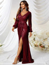 Sequined V-neck Long Sleeve High Slit Slim Fishtail Prom Evening Dress