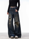 Distressed Camouflage Patch Ripped Jeans Women Loose Straight-leg Wide-leg Pants