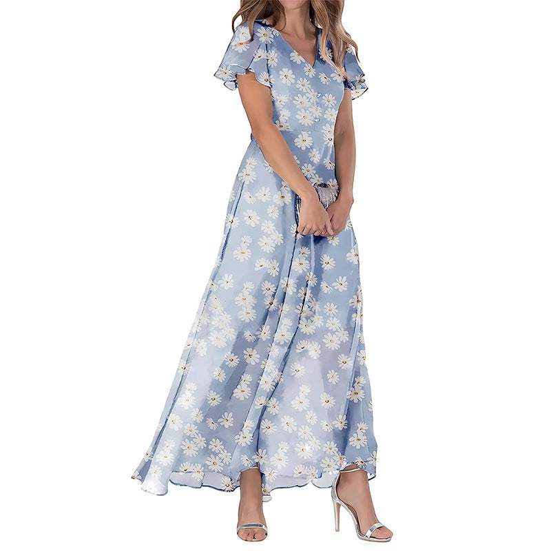 Women's Short Sleeve Printed Chiffon Dress