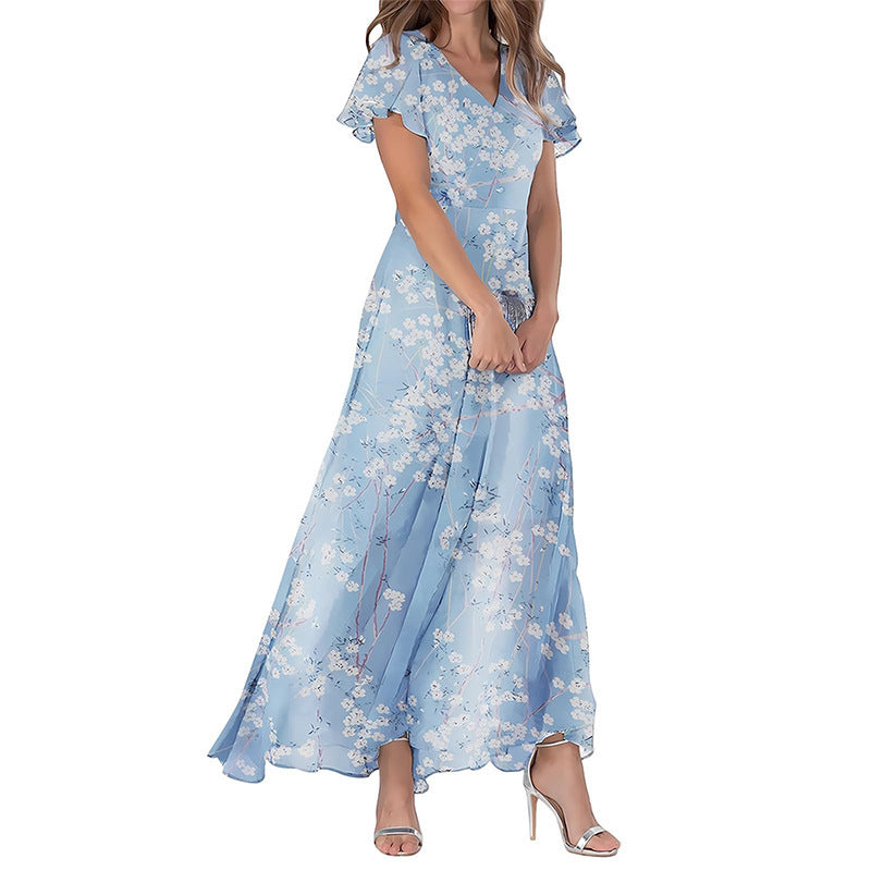 Women's Short Sleeve Printed Chiffon Dress