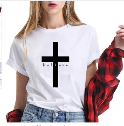 Believe Cross Personality English Letters Men and Women European and American Street T-shirt AliExpress