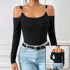 Women's Spring And Summer Fashion Simple Suspender Off-Shoulder Metal Hook Long-Sleeved Sexy Top