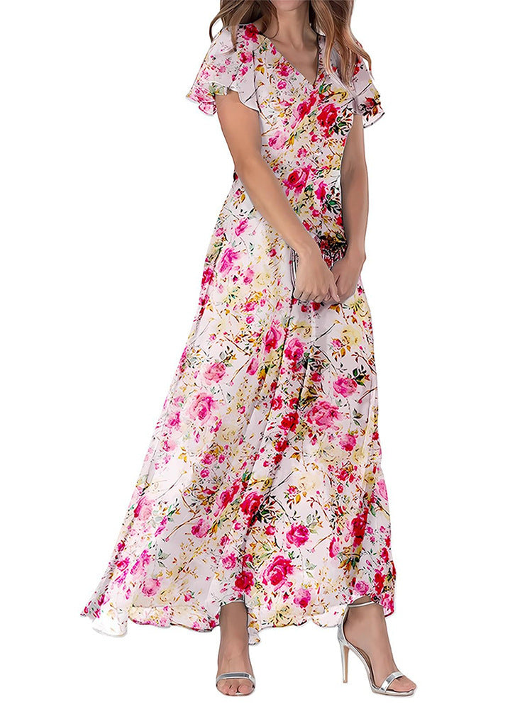 Women's Short Sleeve Printed Chiffon Dress