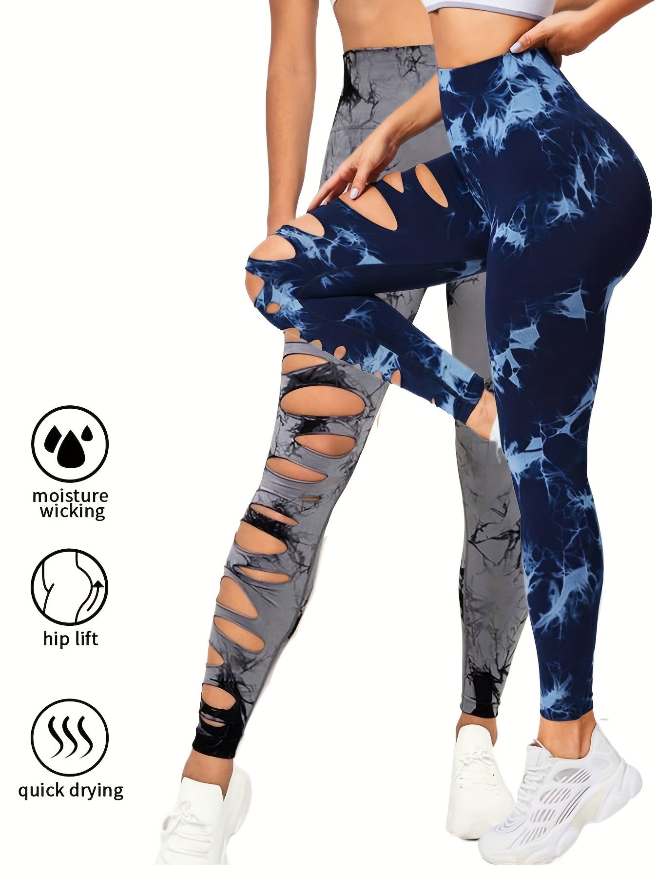 2 Pack Hollow Sexy High Elastic Women's Tie Dye Cutout Tights High Waist Workout Yoga Leggings, Scrunch Butt Lifting Elastic Pants, Tummy Control Butt Lifting Workout Yoga Athletic Pants