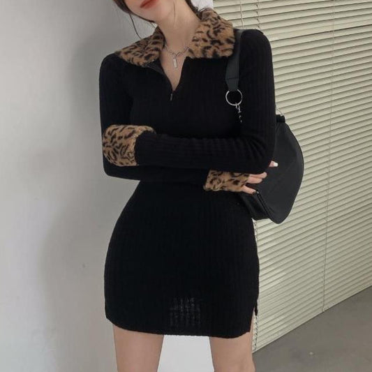 New Leopard Print Long Sleeve Padded Dress Women