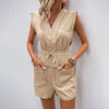 Jumpsuit Tied V-neck Solid Color One-piece Shorts