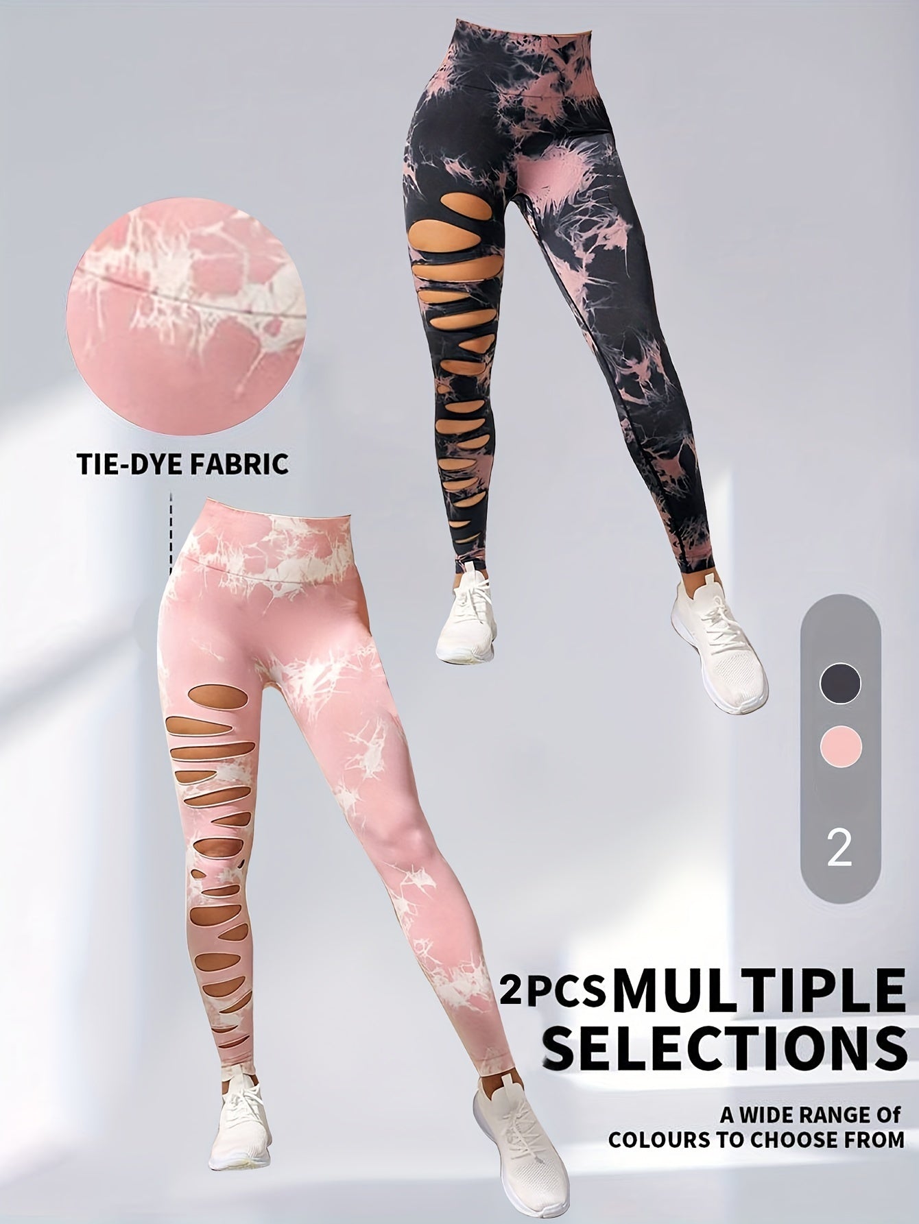 2 Pack Hollow Sexy High Elastic Women's Tie Dye Cutout Tights High Waist Workout Yoga Leggings, Scrunch Butt Lifting Elastic Pants, Tummy Control Butt Lifting Workout Yoga Athletic Pants