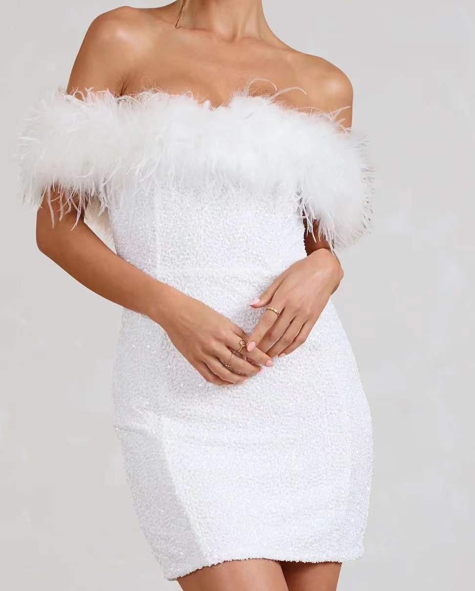 Feather Sequins Tube Top Package Hip Dress