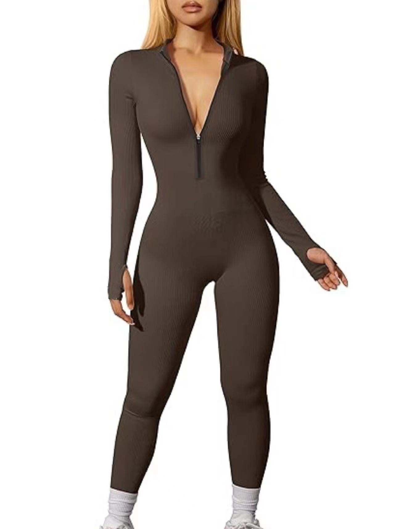 Workout Ribbed Long Sleeve Zipper Casual Jumpsuit