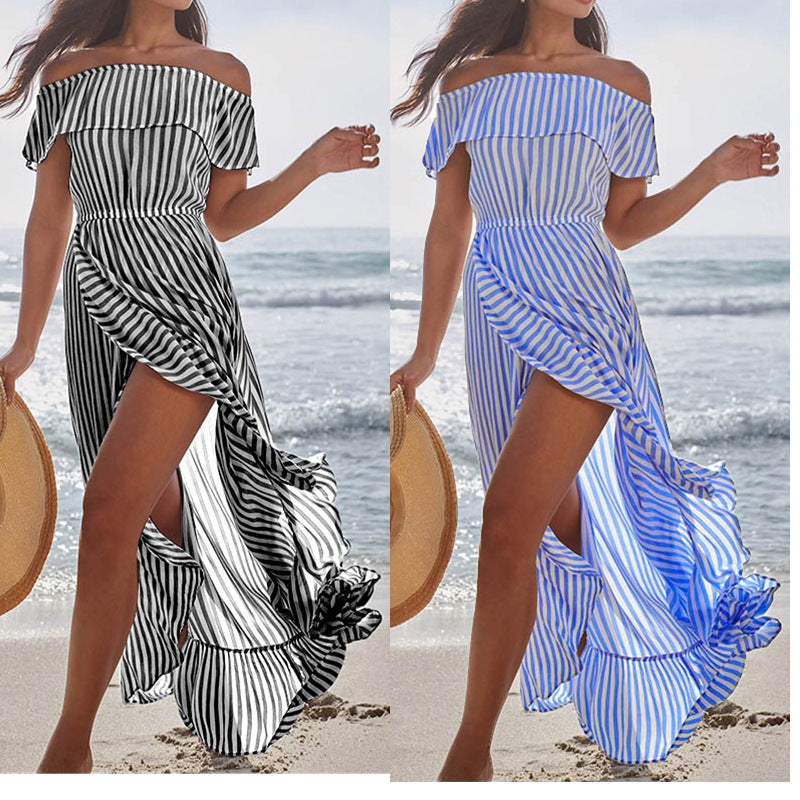 Women's Off-shoulder Dress Striped Waist