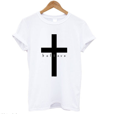 Believe Cross Personality English Letters Men and Women European and American Street T-shirt AliExpress