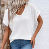 Women's European And American Leisure V-neck Short-sleeved Hollow-out White T-shirt