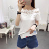 Crocheted Cutout Lace Stitching Off-the-shoulder Off-neck Short Sleeve T-shirt