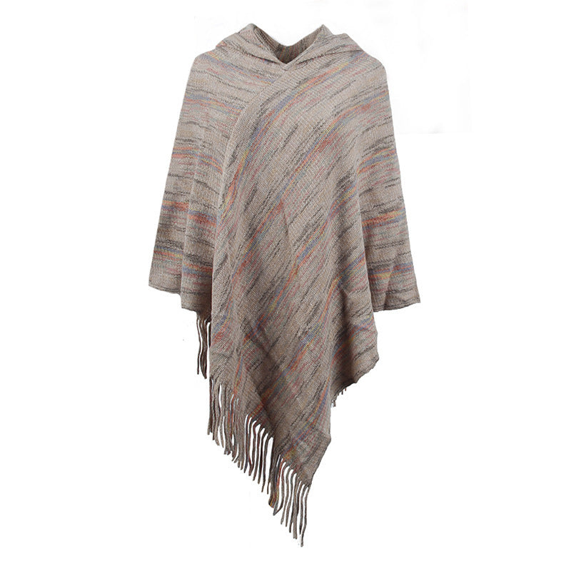 Hooded Striped Tassel Cape And Shawl Women