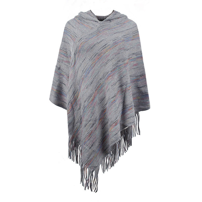 Hooded Striped Tassel Cape And Shawl Women