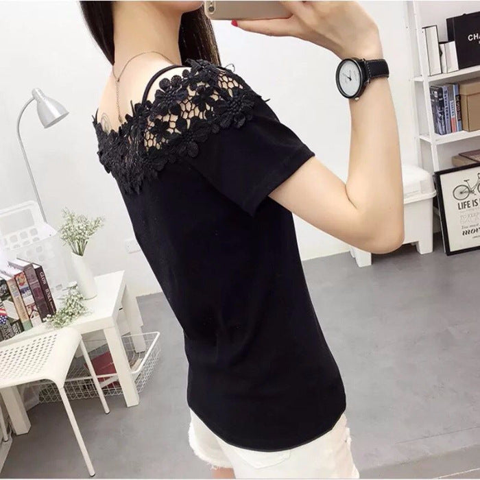 Crocheted Cutout Lace Stitching Off-the-shoulder Off-neck Short Sleeve T-shirt