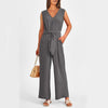 New V-neck Sleeveless Long Jumpsuit With Pockets And Lace-up Design Wide-leg Straight Trousers Summer Womens Clothing