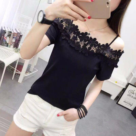 Crocheted Cutout Lace Stitching Off-the-shoulder Off-neck Short Sleeve T-shirt