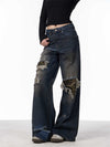 Distressed Camouflage Patch Ripped Jeans Women Loose Straight-leg Wide-leg Pants