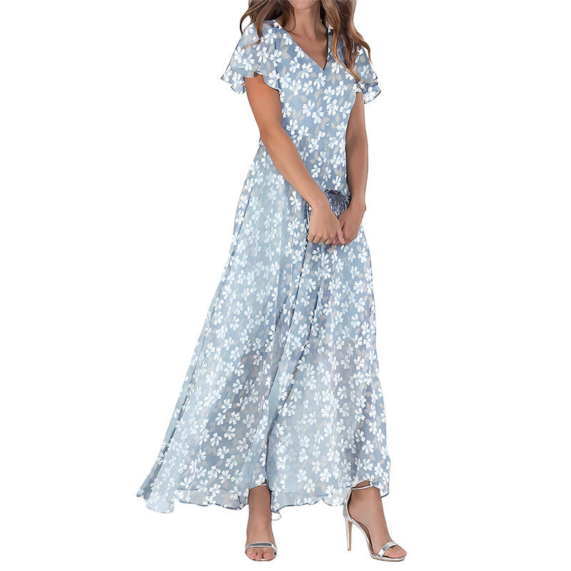 Women's Short Sleeve Printed Chiffon Dress