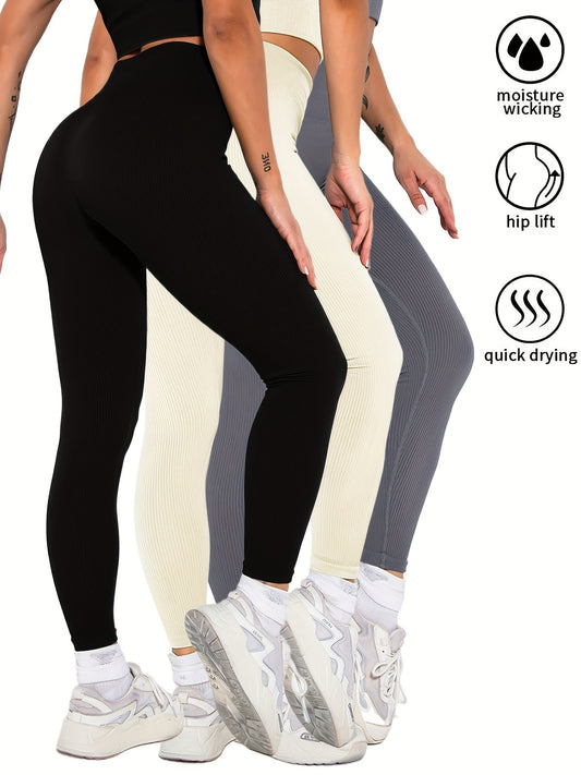 3 Pack Womens Seamless Ribbed Leggings Soft Slimming Yoga Pants, Ribbed Yoga Pants High Waisted Gym Leggings Sport Women Fitness Seamless Female