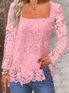 Fashion Long Sleeve Square Neck Tops Women Solid Color Floral Lace Shirt