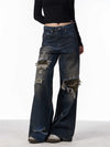 Distressed Camouflage Patch Ripped Jeans Women Loose Straight-leg Wide-leg Pants