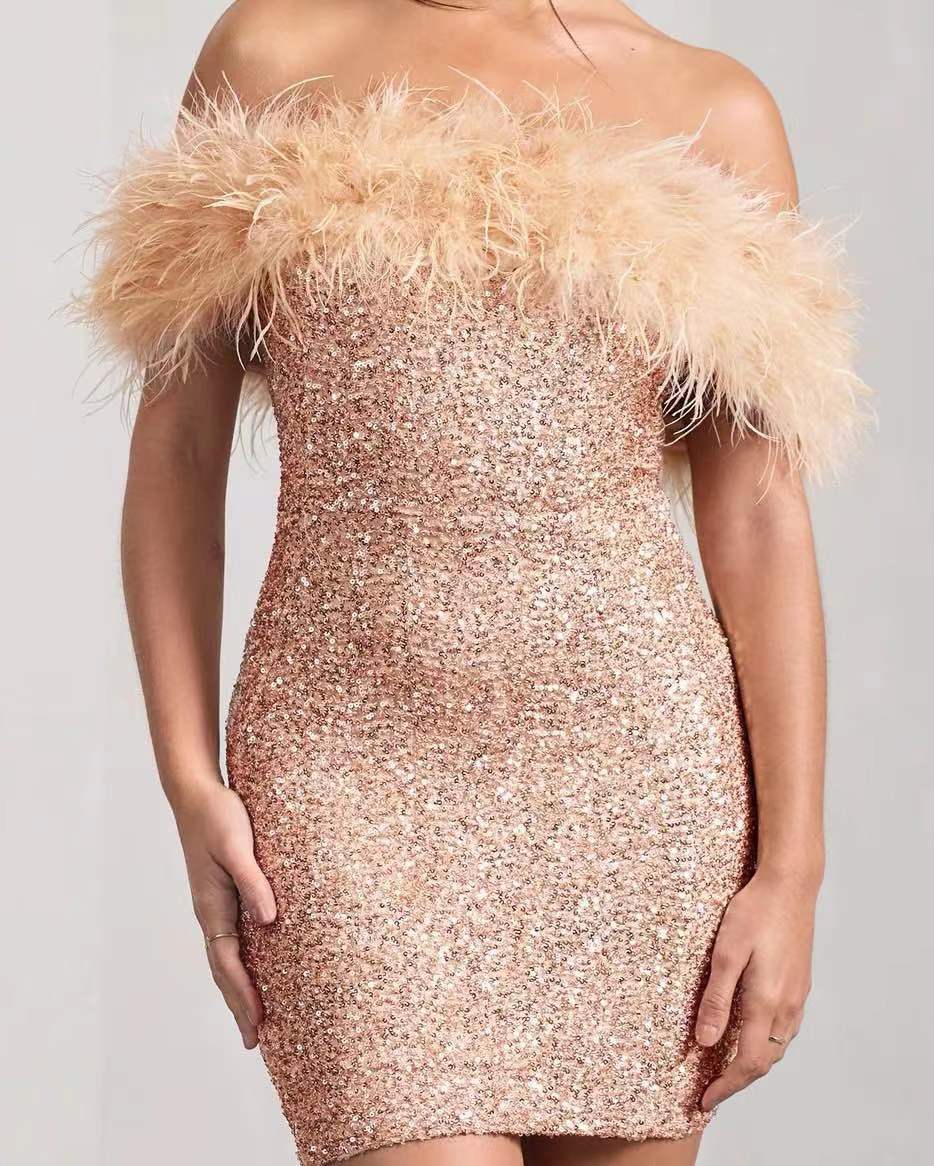 Feather Sequins Tube Top Package Hip Dress