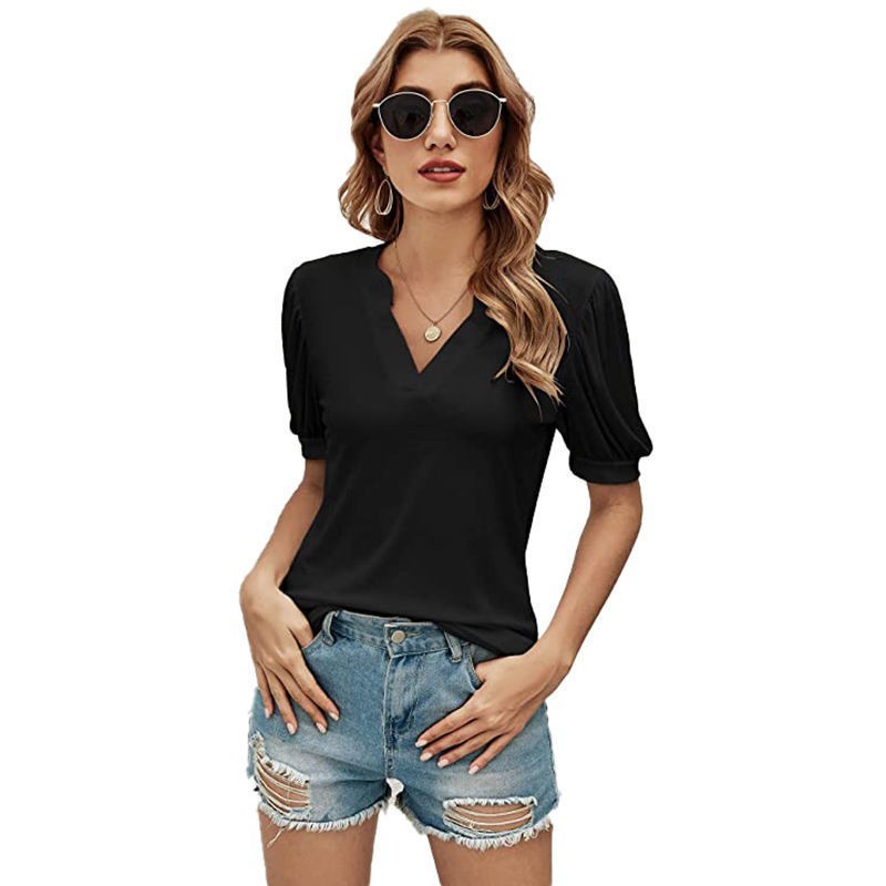 Casual V-neck Solid Color Puff Sleeve Loose T-shirt For Women