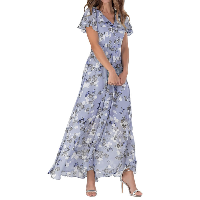 Women's Short Sleeve Printed Chiffon Dress