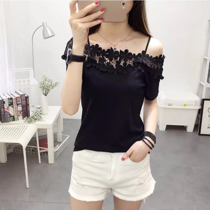 Crocheted Cutout Lace Stitching Off-the-shoulder Off-neck Short Sleeve T-shirt