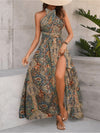 Women Print Maxi Dress High Waisted Cross Halter Neck With Tie Detail,Flowing Vacation Gown In Teal, Blue-Green & Brown Paisley   Pattern, Machine Washable, Summer Fashion Decorative Tie Detail