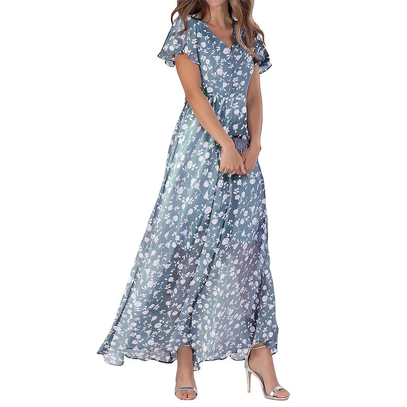 Women's Short Sleeve Printed Chiffon Dress