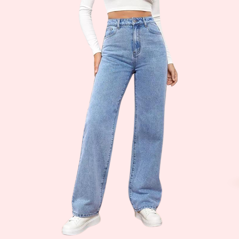 Women's Fashionable Washed High Waist Straight Jeans