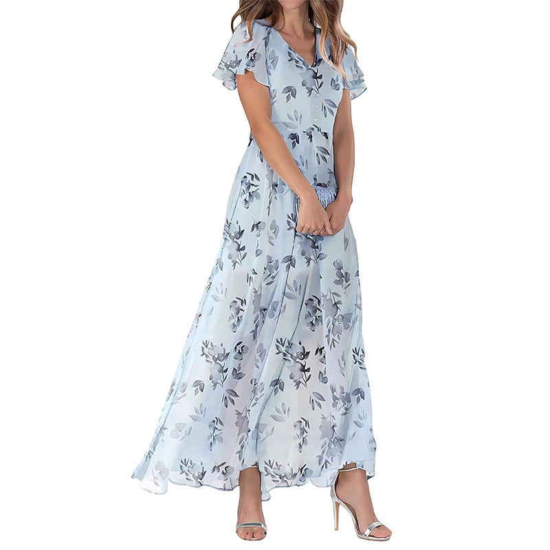 Women's Short Sleeve Printed Chiffon Dress